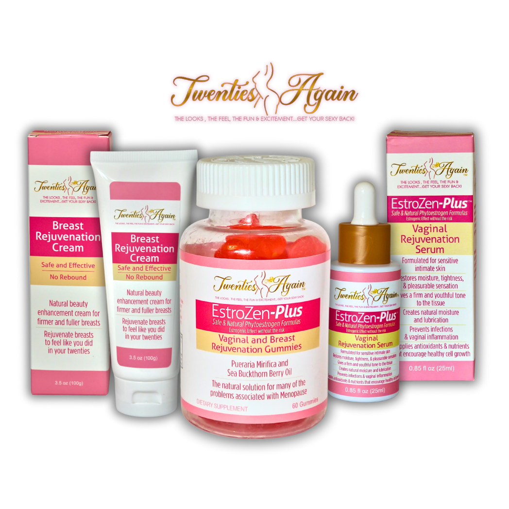 Twenties Again Get Sour Sexy Back Kit. Includes all of the EstroZen-Plus  products for relief of menopause symptoms such as Vaginal Dryness, Painful Sex, Vaginal Atrophy, sggy breasts. These products create firm breasts, perky breasts, tighter and more sensitive vaginas. With these products, vaginal moisturizers are no longer needed
